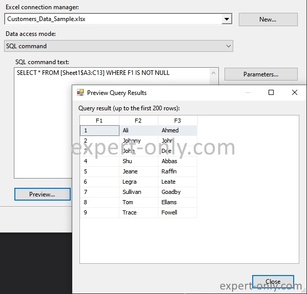 Requête SQL avec SSIS avec filtre sur nom de colonne générique
