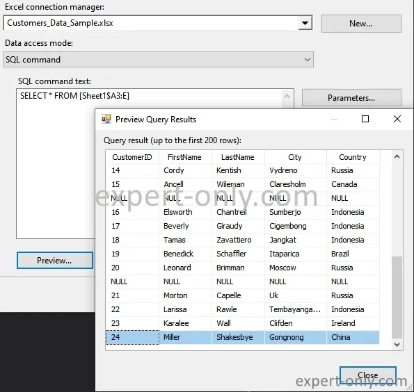 SQL query to load an Excel range and select all rows having data 