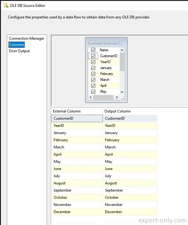 Check the source columns to transpose using SSIS Unpivot