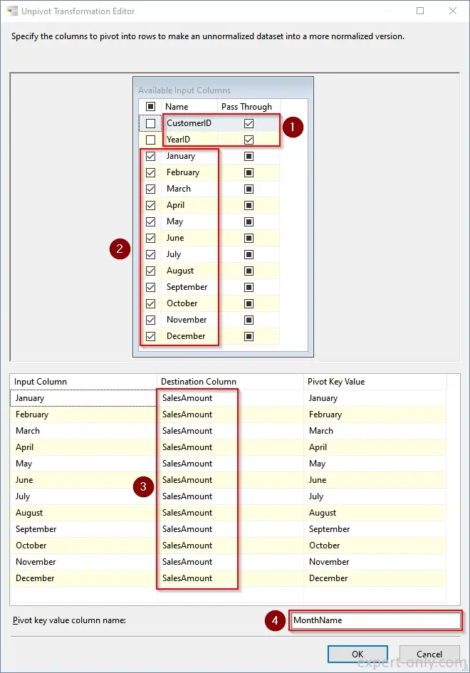 Configure the SSIS Unpivot component to turn columns into rows