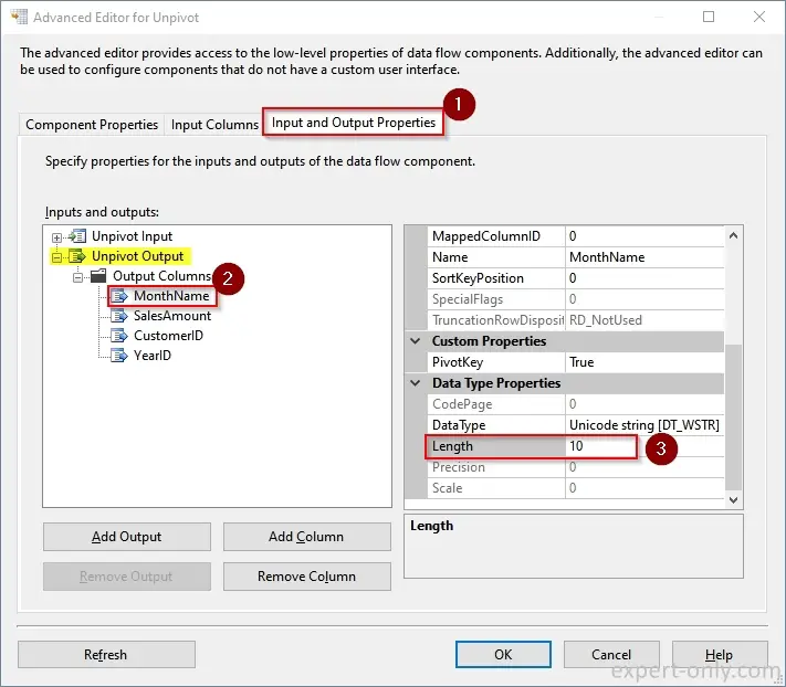 Change the length of the pivot column in the advanced editor Unpivot SSIS
