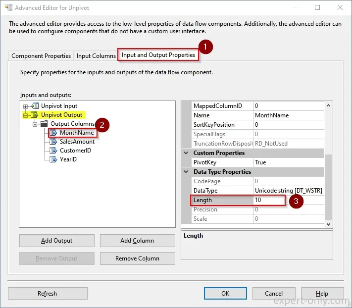 Changer la longueur de la colonne de pivot dans l'éditeur avancé Unpivot SSIS