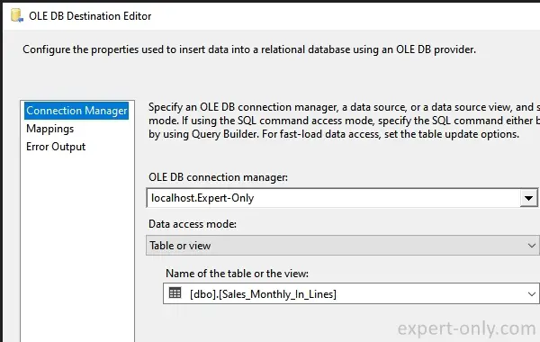 Choose the table from the OLE DB Destination editor