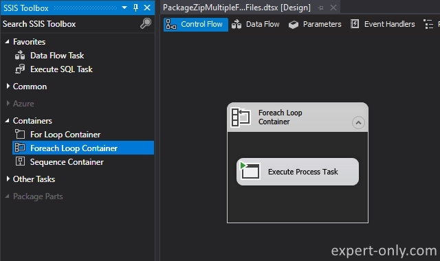 Add the SSIS Foreach Loop Container and the Execute Process Task