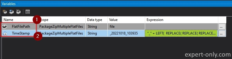 Create 2 SSIS variables to manage the name of the text files to compress