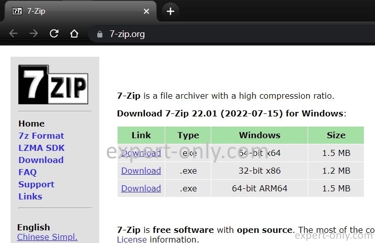 Télécharger 7-zip depuis le site officiel 7-zip.org