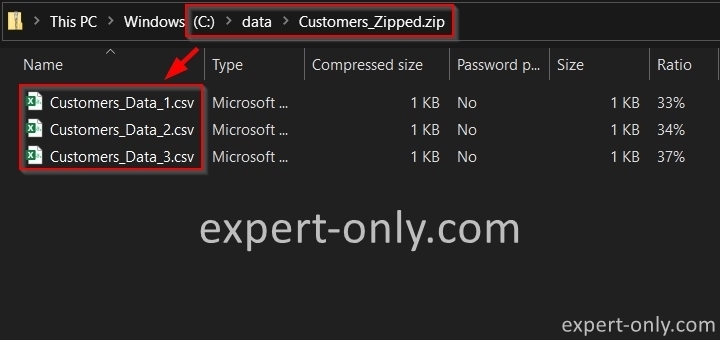 Content of the ZIP file with the 3 CSV files detected by 7-zip