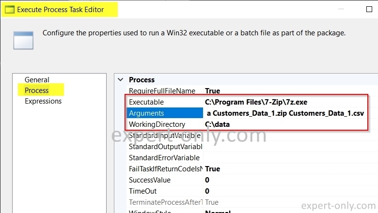 Configure the SSIS Execute Process Task editor with 7zip and CSV file path