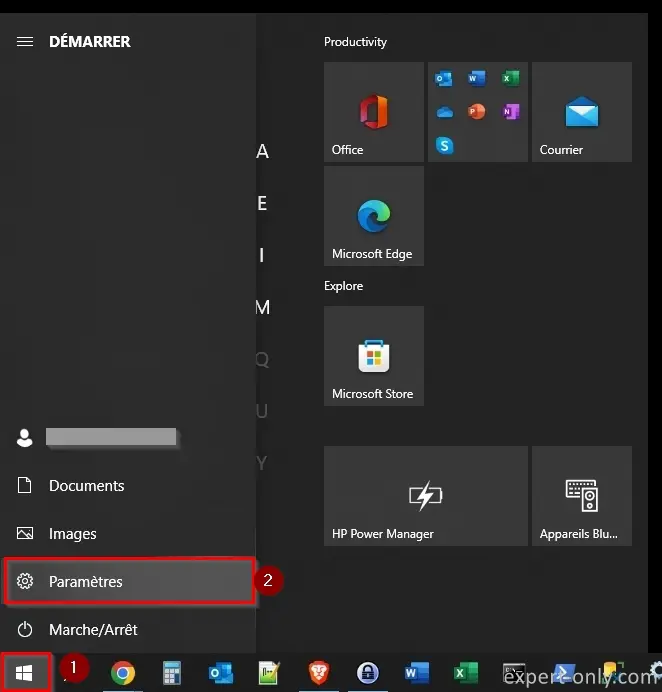 Ouvrir les Paramètres depuis le menu démarrer de Windows