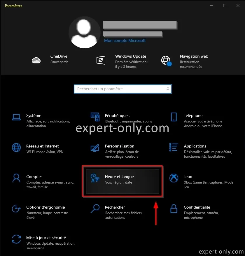 Choisir Heure et langue pour accéder aux options et changer la langue de Windows 10