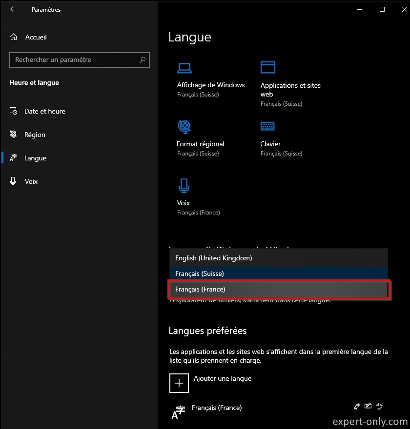 Changer la langue de Windows 10 vers le Français depuis les paramètres linguistiques