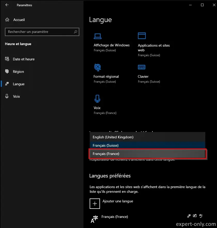 Changer la langue de Windows 10 vers le Français depuis les paramètres linguistiques