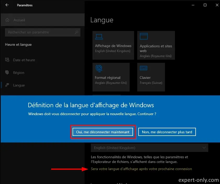 Redémarrer complètement le PC après avoir changé la langue de Windows 10