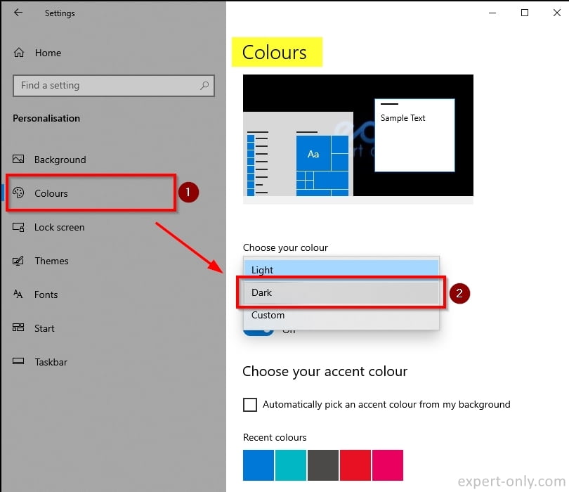 How to enable the dark mode in Windows 10 from the colours menu