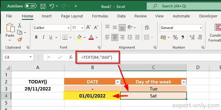 Display the excel day of the week from another cell using the TEXT formula