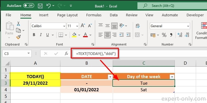 Display the excel day of the week from current date using TODAY and TEXT formula