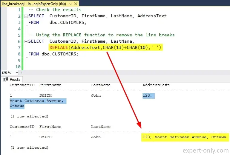 Insert or remove SQL Server line breaks using REPLACE and CHAR text functions