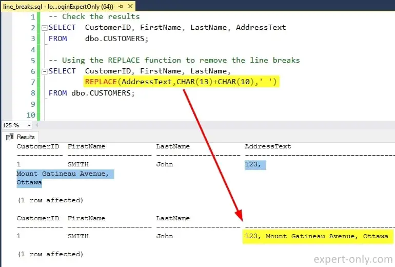 Insert or remove line breaks in SQL Server using the REPLACE and CHAR functions