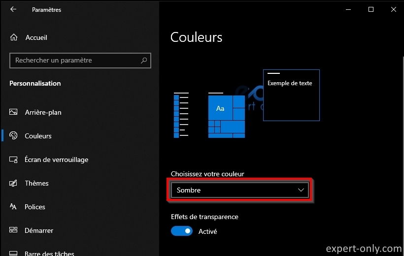 Personnaliser le thème et activer le mode sombre de Windows 10
