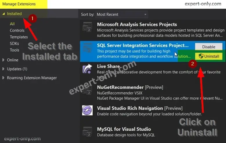 ¿Cómo desinstalar SSIS de Visual Studio 2019?
