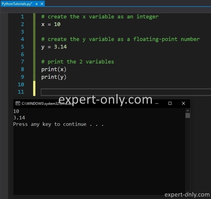 Code using Python data types to define and print two integer variables