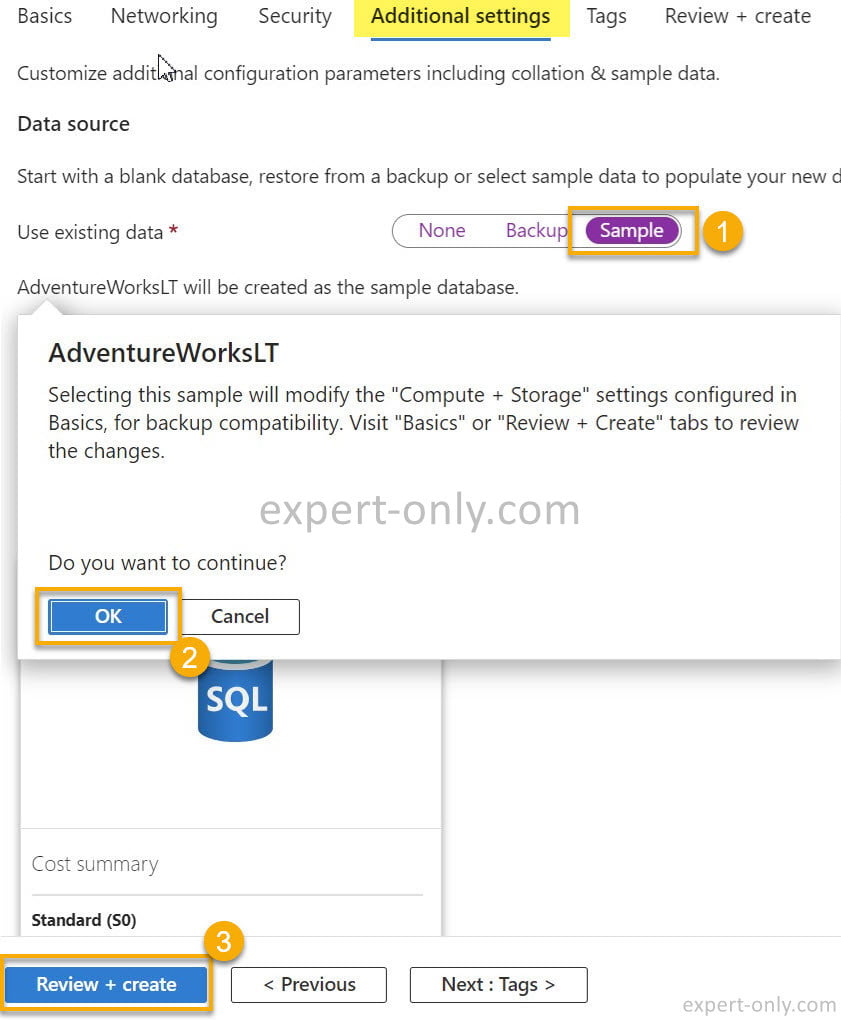 add the AdventureWorksLT database to your Azure SQL server