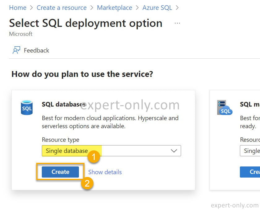 Select the Single database resource type in the SQL database plan to use the Azure service