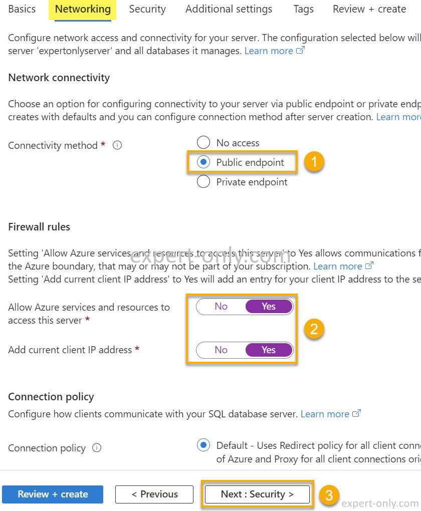 Grant the Azure services access and to add the current IP address in the Azure firewall rules