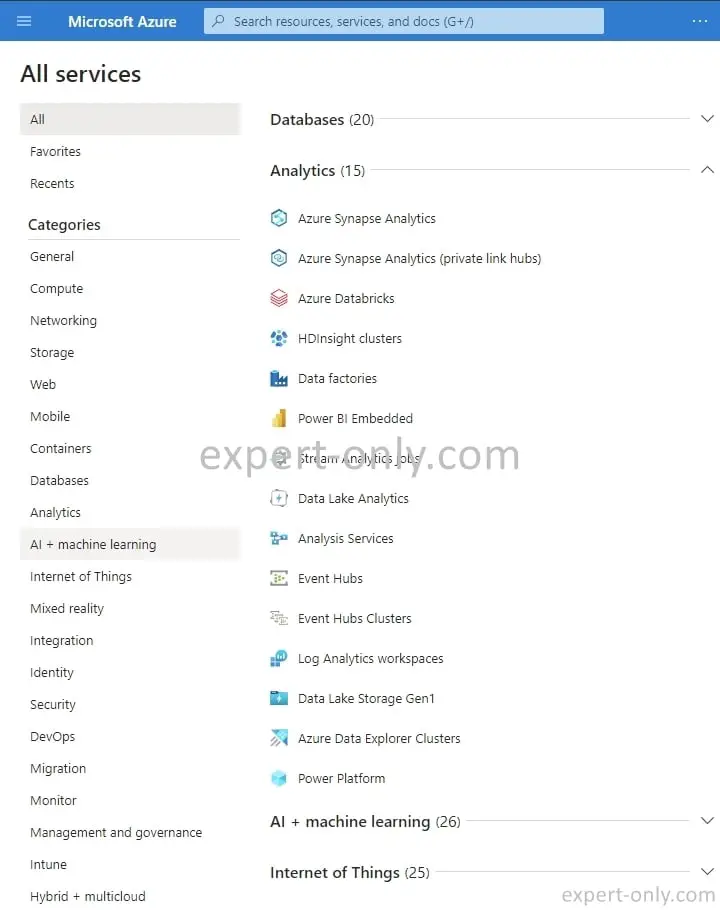 Microsoft Azure application categories available from the free account