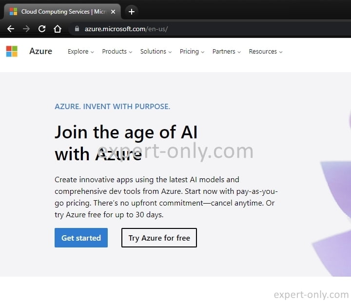 To create a new Azure account start by clicking on Try Azure for free from the main page 