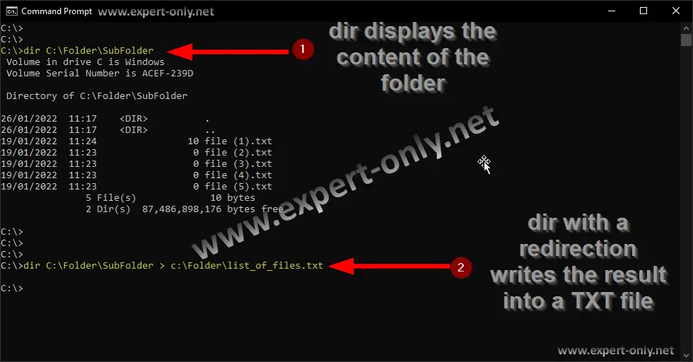 MS-DOS script that export the list of the current folder into a text file