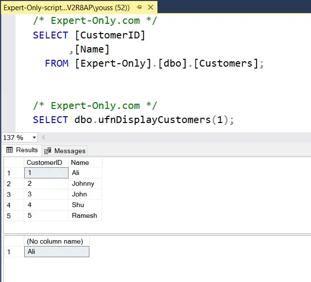 Query example to call a SQL Server Function from T-SQL