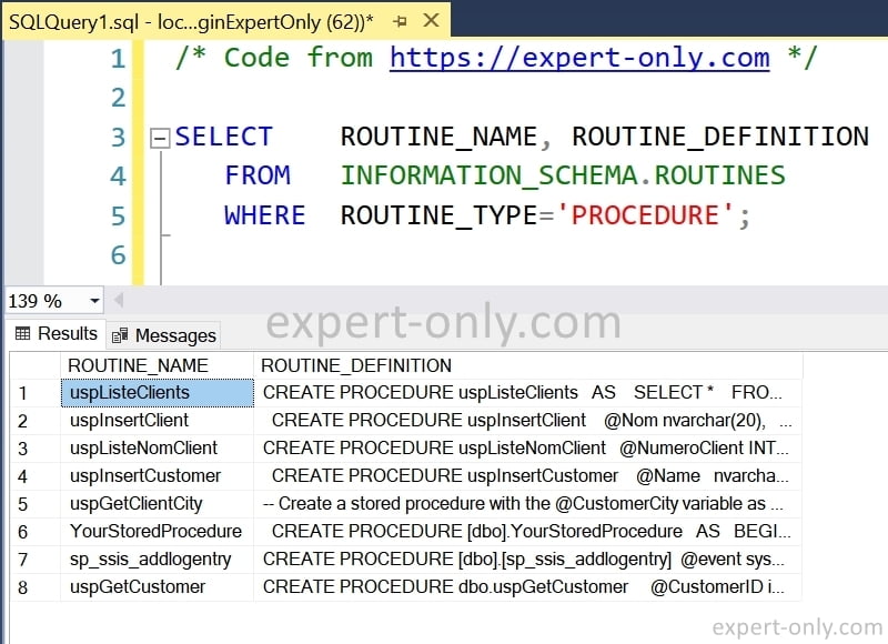 Query to list all SQL Server stored procedure in a database 