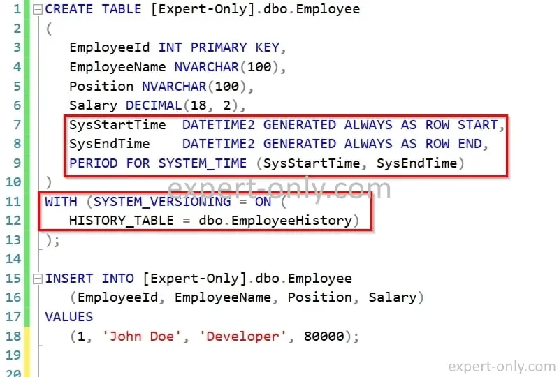 Crear una tabla temporal con control de versiones del sistema de SQL Server e insertar datos