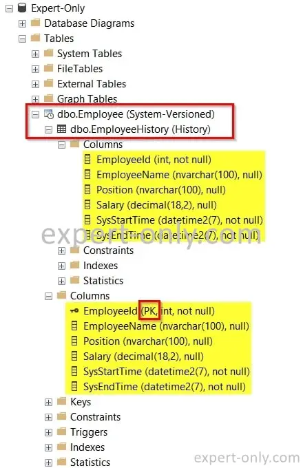 History table under the system-versioned table 