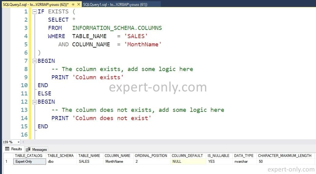 Check if a column exists in a SQL Server database and table