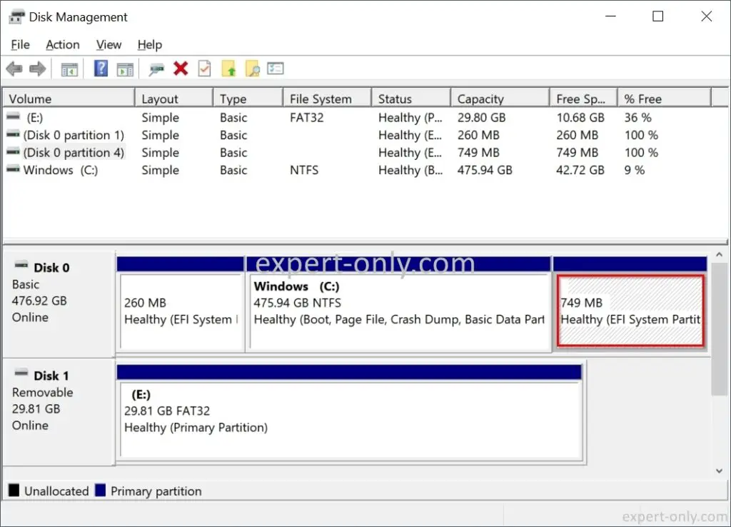 Using Windows disk management, check default EFI recovery partition causing Windows update error 0x80070643 is about 750 Mb