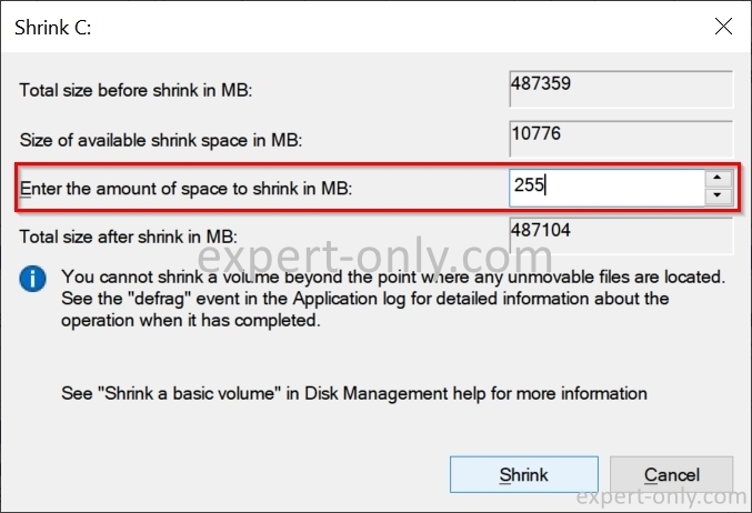 Shrink the main Windows volume by 250 Mb to increase recovery partition 