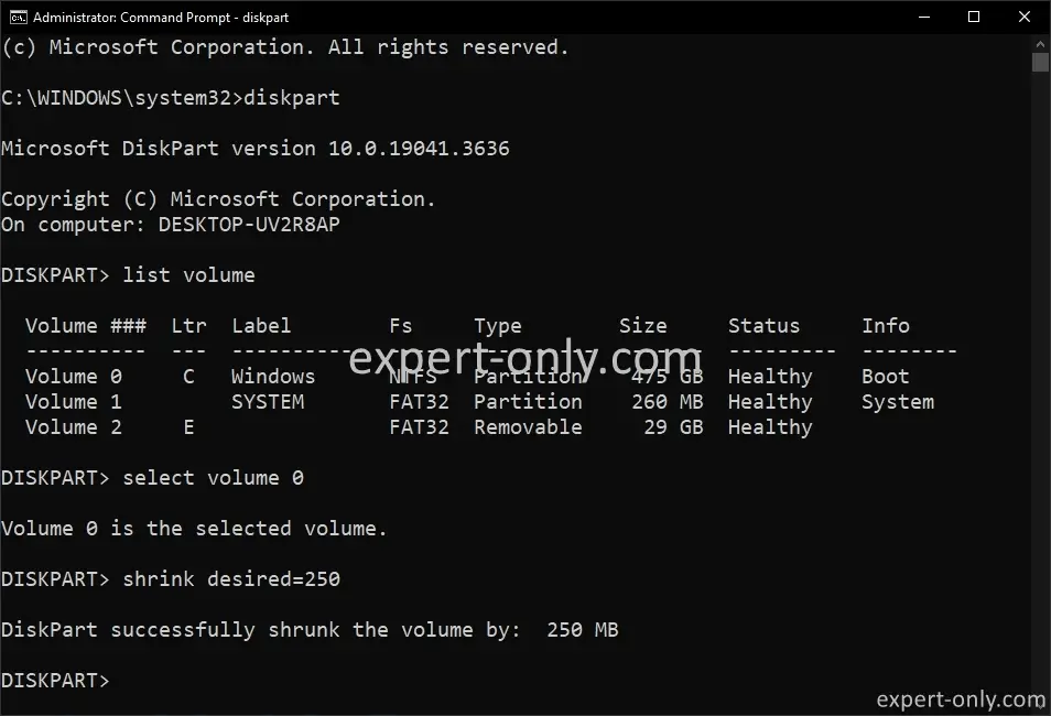 Diskpart command to shrink primary volume