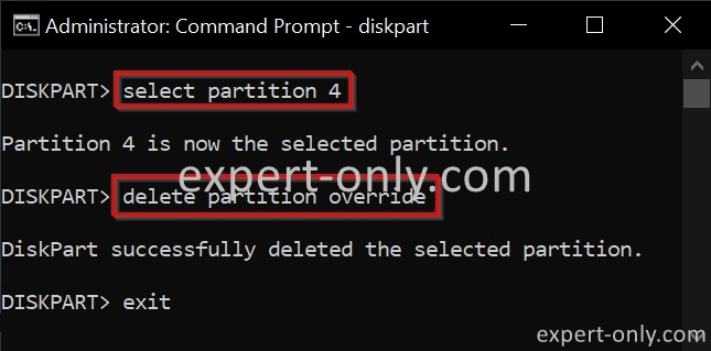 Windows command line script to select and delete a partition with the force option