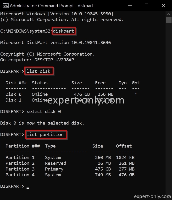 Using Windows command line and diskpart to list disks and select a partition 