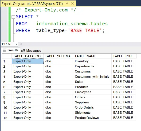 Consulta para obter a lista de todas as tabelas no SQL Server
