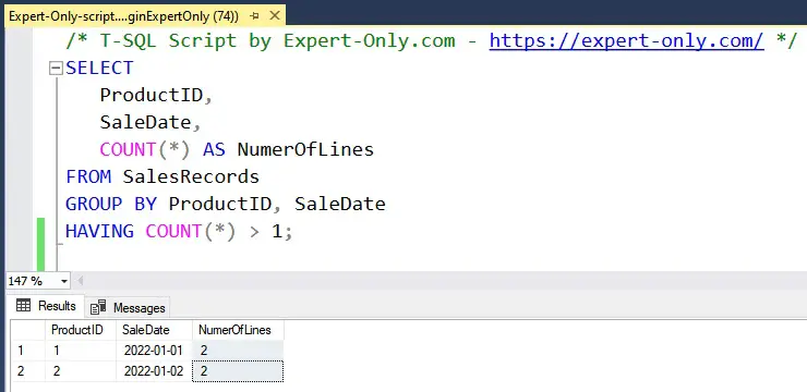 Capture d'écran SSMS : Requête pour trouver les enregistrements dupliqués dans SQL Server